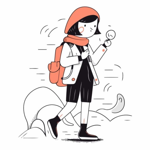 Vector illustration of a girl with a backpack and a magnifying g