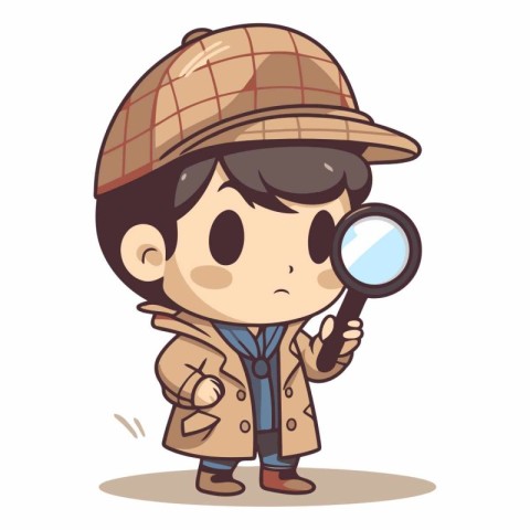 Cute detective boy with magnifying glass cartoon vector illustra