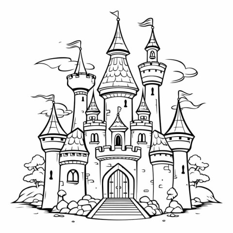 Fairytale castle isolated on white background. Black and white v