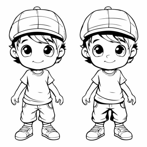 Boy and girl with baseball cap - black and white vector illustra