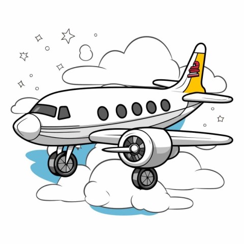 Airplane on the clouds - Colored Cartoon Illustration. Vector