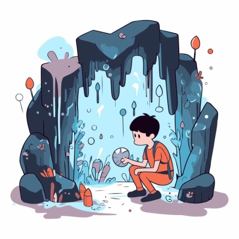 Cartoon illustration of a boy sitting in a cave and looking into