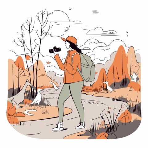 Vector illustration of a girl with a camera in the autumn forest