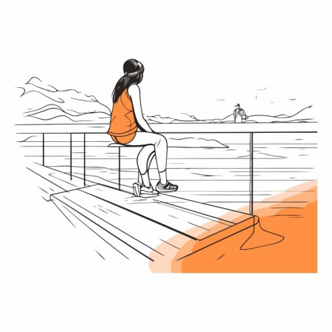 Young woman in orange dress on the pier. Vector hand drawn illus