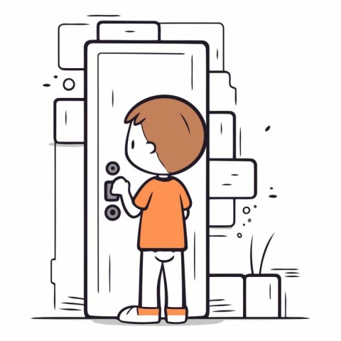 Little boy opening the door in line art style.