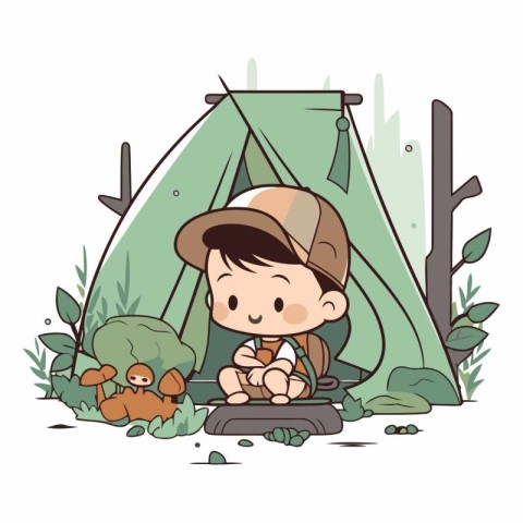 Illustration of a little boy camping in the jungle.