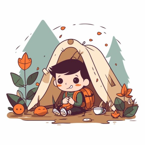 Illustration of a little boy sitting in a tent at autumn camping