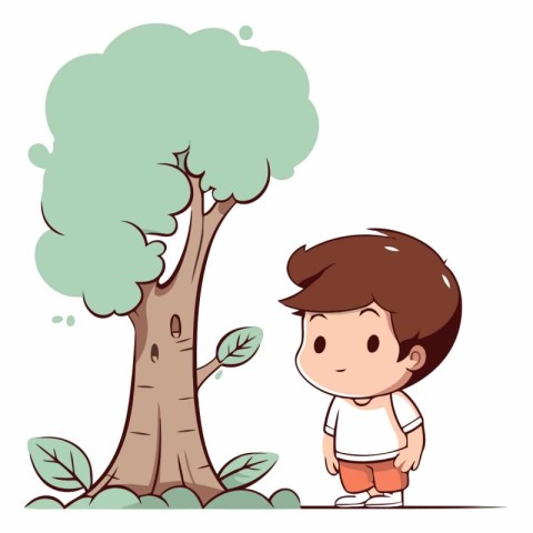 Boy and tree on white background illustration. Cartoon boy and t