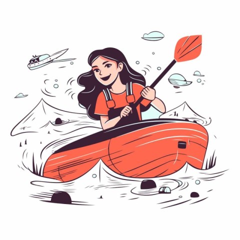 Young woman paddling a kayak. Vector hand drawn illustration.