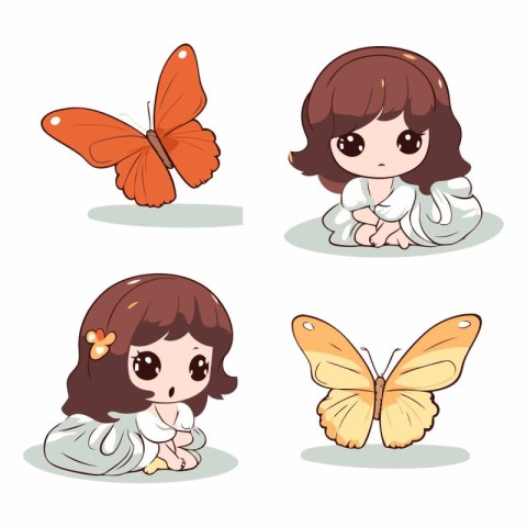 Set of cute little girls with butterfly on white background.