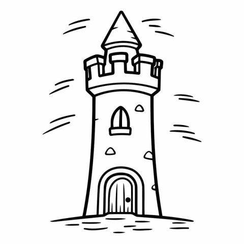 Black and white vector illustration of medieval castle. Outline