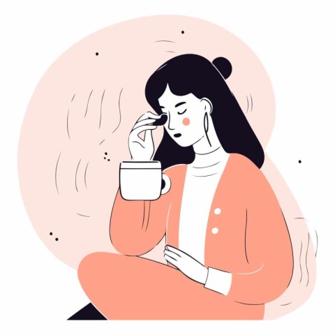 Girl with a cup of coffee in flat style.