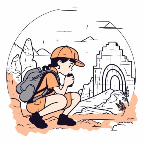 Vector illustration of a tourist with a backpack on a background