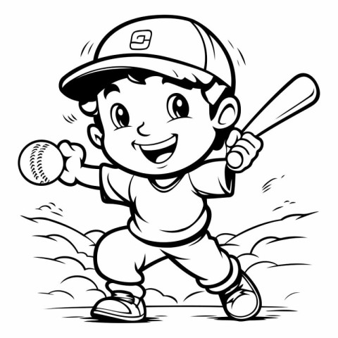 Black and White Cartoon Illustration of Little Boy Baseball Play