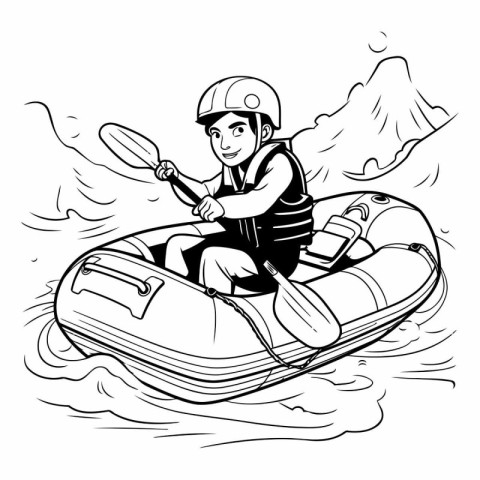 Man paddling a boat. Black and white vector illustration for col