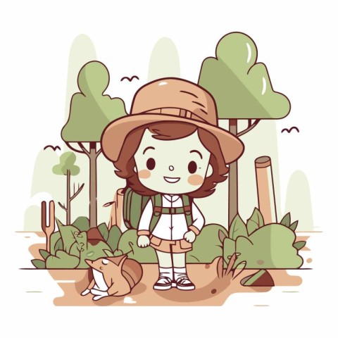 Trekking girl with cat in the park.