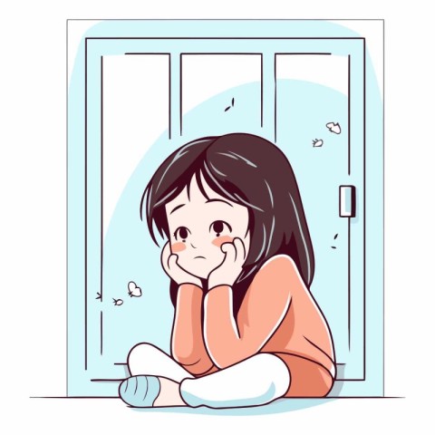 Sad little girl sitting at the door and crying.