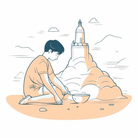 Illustration of a boy sitting on the sand in front of the Big Bu