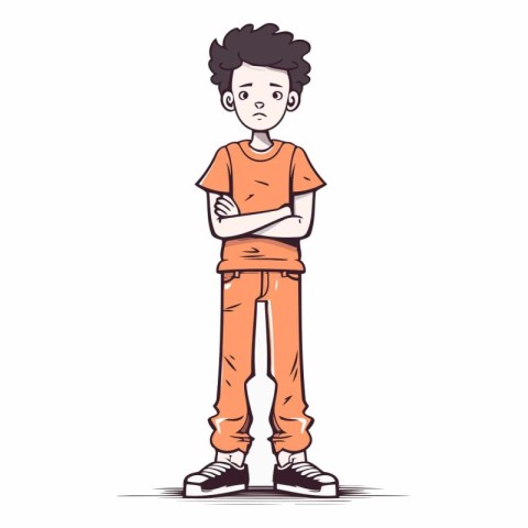 Teenage boy standing with arms crossed. sketch vector illustrati