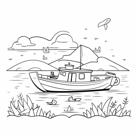 Fishing boat on the sea. Coloring book for children.