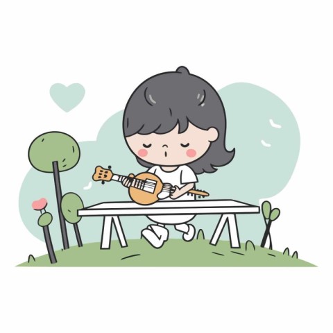 Girl playing guitar on the bench in the park.