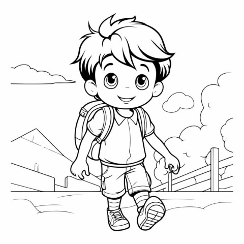 Cute little boy with backpack for coloring book.