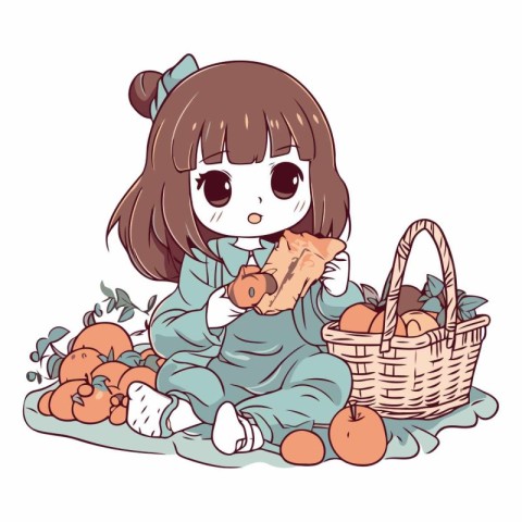 A cute little girl and a basket of fruits.