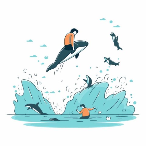 Vector illustration of a man surfing in the sea. The concept of