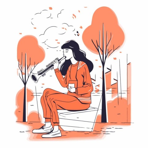 Vector illustration of a girl playing the clarinet in the park.