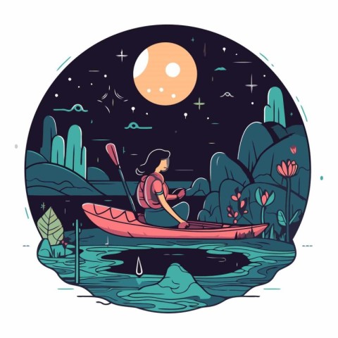 Vector illustration of a woman kayaking on the lake at night.