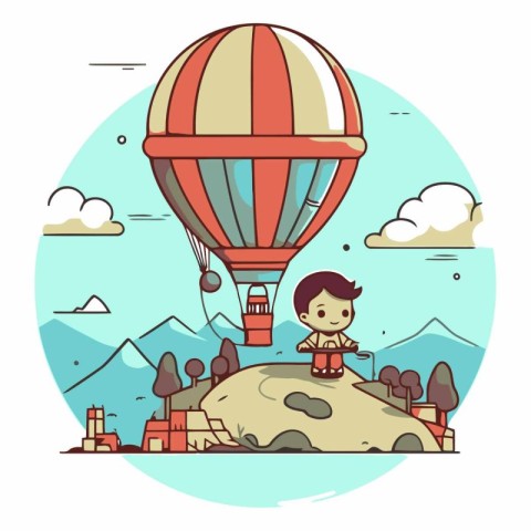 Vector illustration of a boy flying in a hot air balloon over th