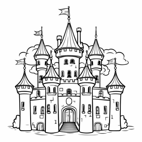 Fairytale castle. Black and white vector illustration for colori