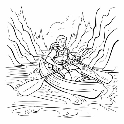 Man paddling in a kayak on the river. Black and white illustrati