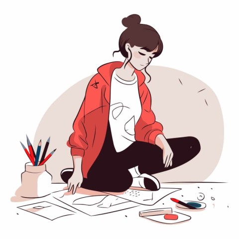 Vector illustration of young fashion designer sitting on the flo