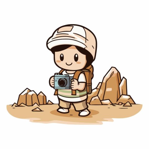 Illustration of a Kid Boy Hiking with a Camera in the Desert