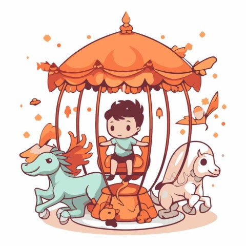 Cute boy riding a horse on a carousel.