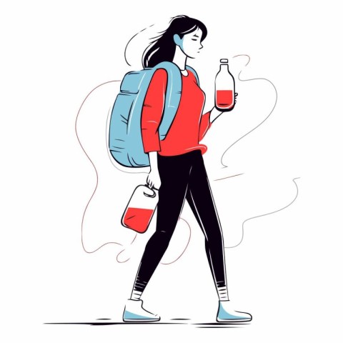 Young woman with a backpack and a bottle of wine.