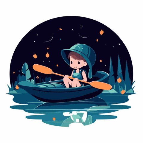 Little girl in a boat on the lake at night