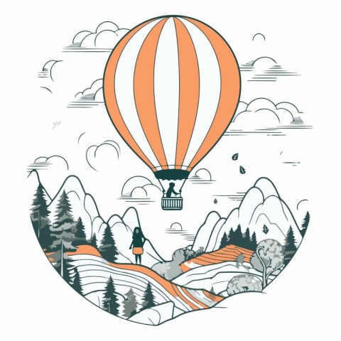 Vector illustration of hot air balloon flying over the mountains