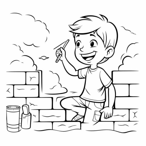 Black and White Cartoon Illustration of Kid Building a Wall or B