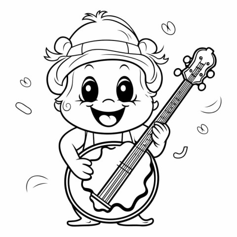 Black and White Cartoon Illustration of Cute Little Boy Playing