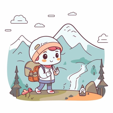 Cute little boy with backpack hiking in mountains.