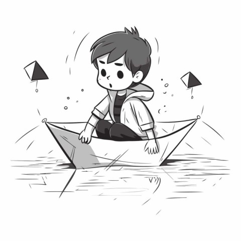 Illustration of a boy playing with a paper boat on the water