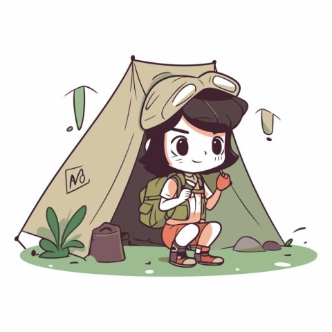 cute little boy scout in a tent in cartoon style