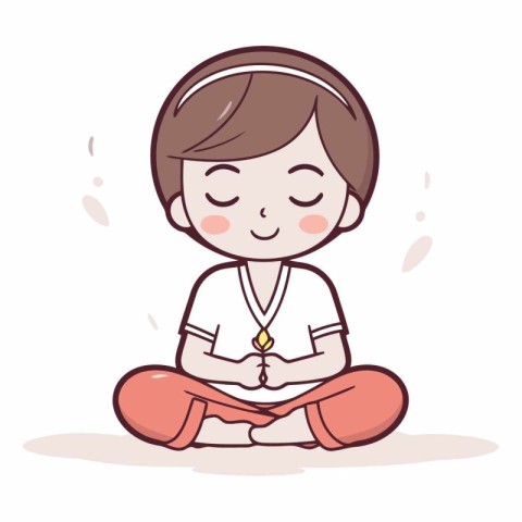 Boy meditating in lotus position cartoon vector Illustration on