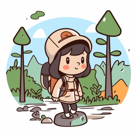 Illustration of a Kid Girl Hiking in the Countryside.