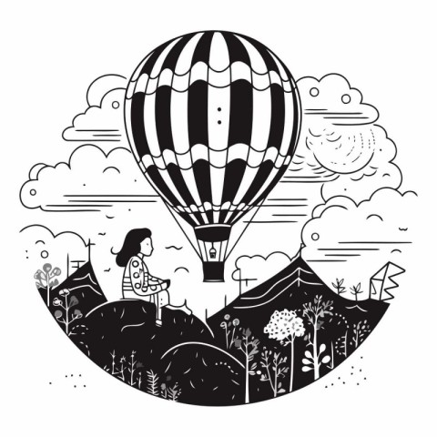 Black and white illustration of a woman sitting in a hot air bal