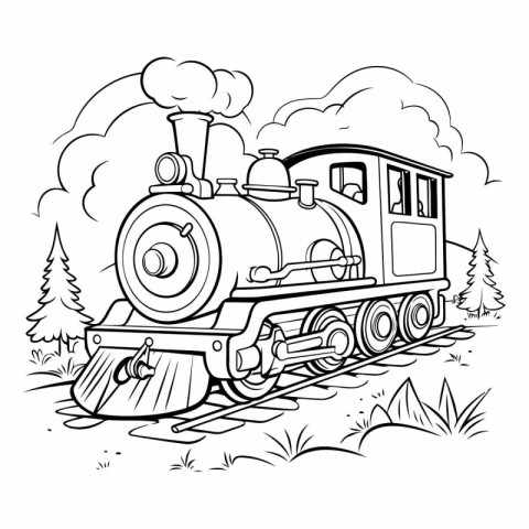 Steam locomotive in the forest. black and white vector illustrat