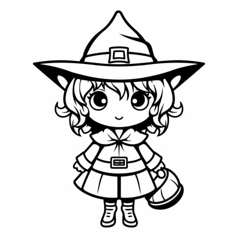 Black and White Cartoon Illustration of Cute Witch Character for