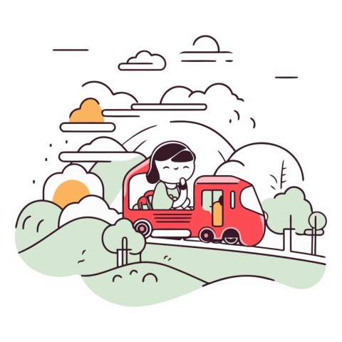 Vector illustration of a girl driving a red car in the countrysi